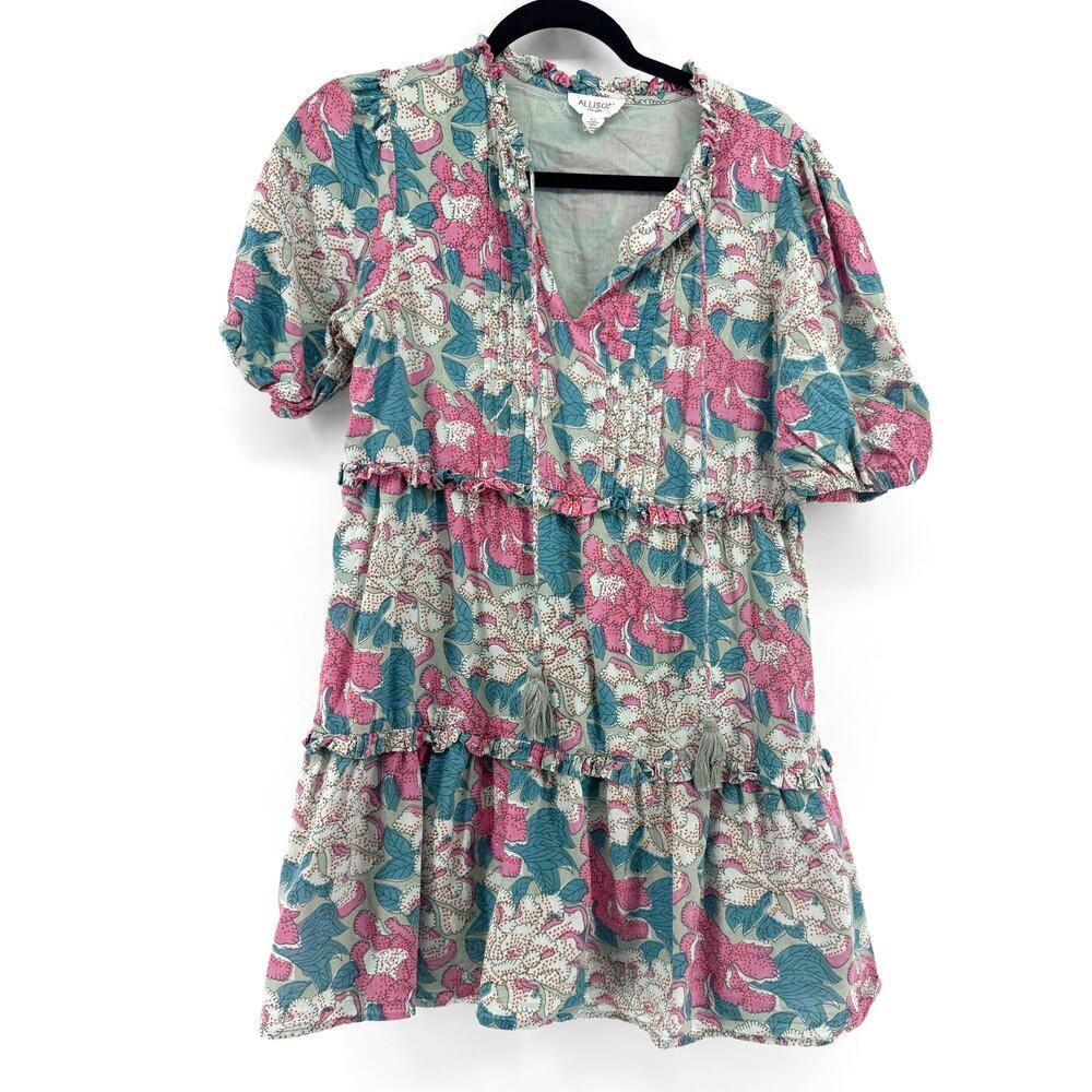 Allison New York Floral Tiered Mini Dress Size Small Puff Sleeves Cotton - Picture 2 of 7